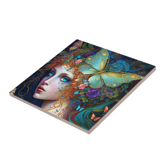 バタフライフェアリー小妖精や小人レディファンタジーアート タイル (側面)