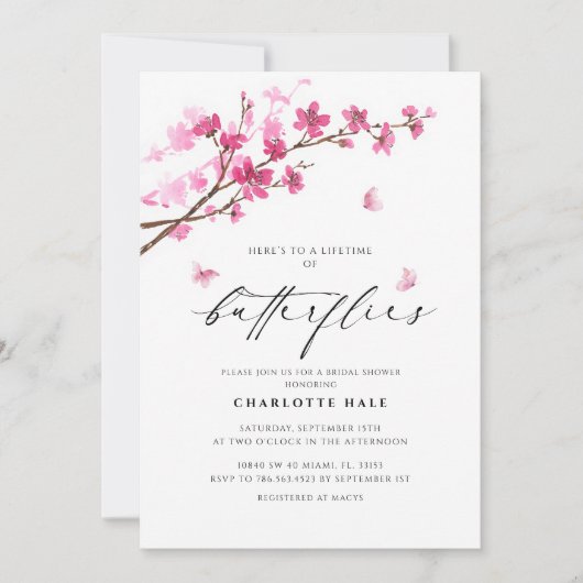バタフライフォトさくらんぼ花ピンクブライダルシャワー 招待状 (正面)