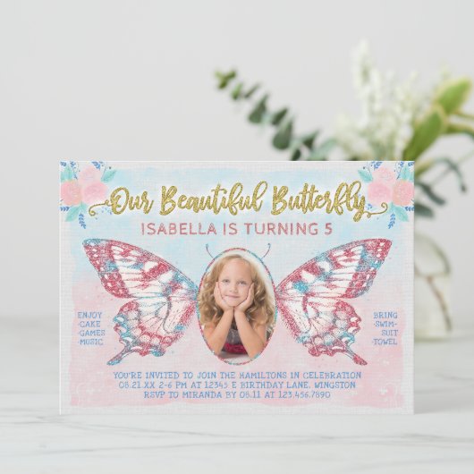 バタフライフォトガールズカワイキッドキッドピンク誕生日パーティー 招待状 (スタンド正面)