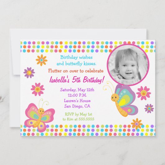 バタフライフォト誕生日招待状 招待状 (正面)