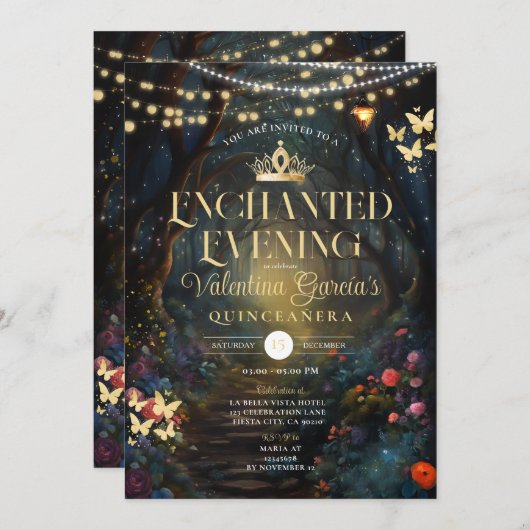 バタフライフォレストキンセアニラ15アノスフラワーズ金ゴールド 招待状 (正面/裏面)