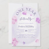 バタフライフラインパープルピンクアーチ1st誕生日 招待状 (正面)