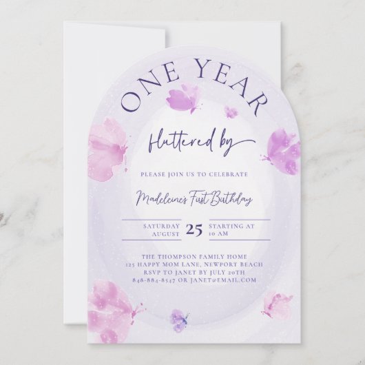 バタフライフラインパープルピンクアーチ1st誕生日 招待状 (正面)