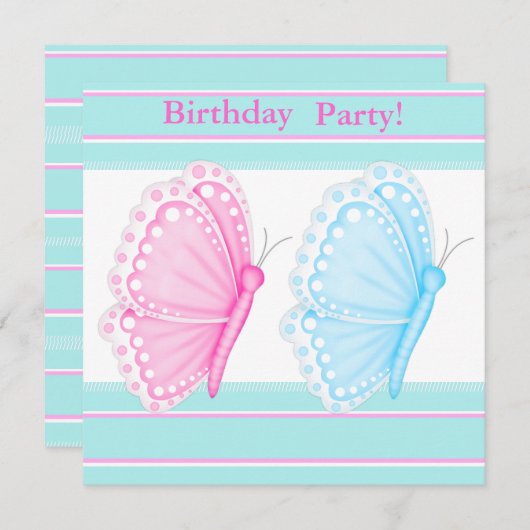 バタフライフラッター誕生日パーティーへの招待 招待状 (正面/裏面)
