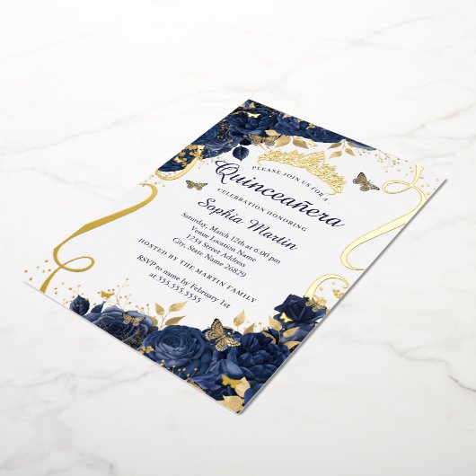 バタフライフラワーエレガントネイビー金ゴールドキンセアニェラ 箔招待状 (回転した状態)