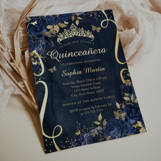 バタフライフラワーエレガント金ゴールドネイビーキンセアニェラ 箔招待状