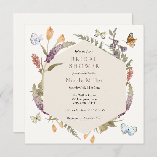 バタフライフラワーガーデンブライダルシャワー招待 招待状 (正面/裏面)