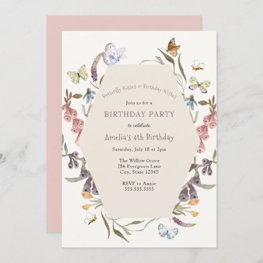 バタフライフラワーガーデン誕生日招待状 招待状 (正面/裏面)