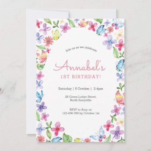 バタフライフラワーズ誕生日招待状 招待状 (正面)