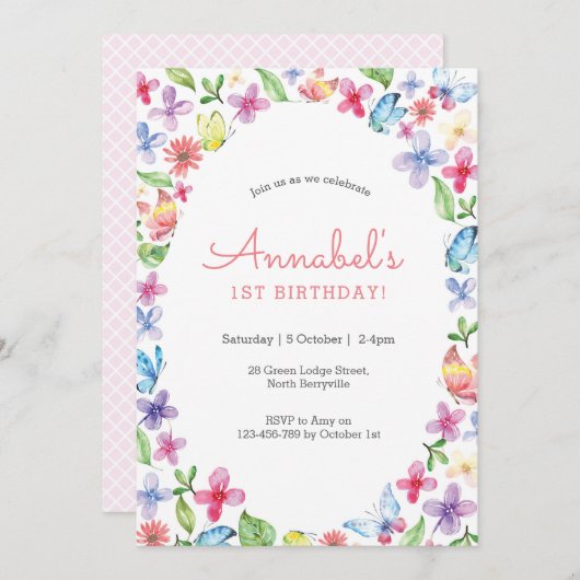 バタフライフラワーズ誕生日招待状 招待状 (正面/裏面)