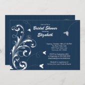 バタフライフローブライダルシャワー招待状ブルー 招待状 (正面/裏面)