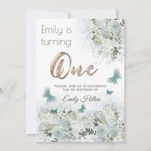 バタフライフローラガーデンの最初の誕生日 招待状 (正面)