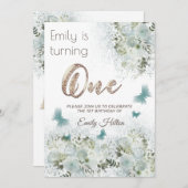 バタフライフローラガーデンの最初の誕生日 招待状 (正面/裏面)