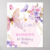 バタフライフローラガーデンピンクガール誕生日へようこそ ポスター (正面)