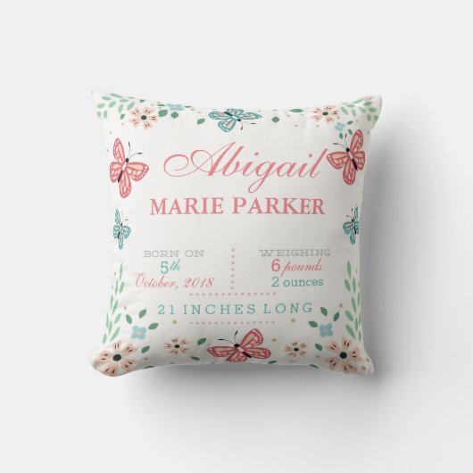 バタフライフローラガーデンベビー統計ピロー クッション (正面)