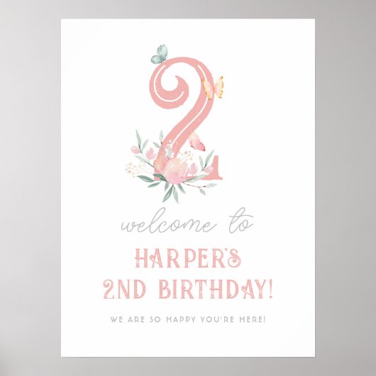 バタフライフローラガールバースデーパーティー歓迎サイン ポスター (正面)