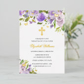 バタフライフローラパープル金ゴールドガールバプテスマ 箔招待状 (立ち正面)