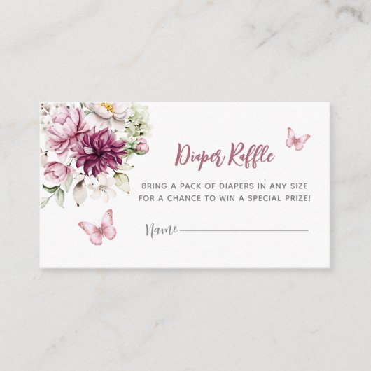 バタフライフローラピンクガールおむつラッフル エンクロージャーカード (正面)