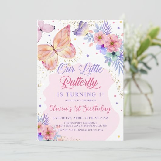 バタフライフローラピンクガールズ誕生日招待状 招待状 (スタンド正面)