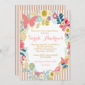 バタフライフローラピンクベビーシャワーガール招待状 招待状 (正面/裏面)