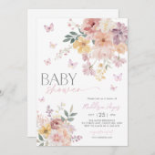 バタフライフローラピーチピンクパープルベビーシャワー 招待状 (正面/裏面)