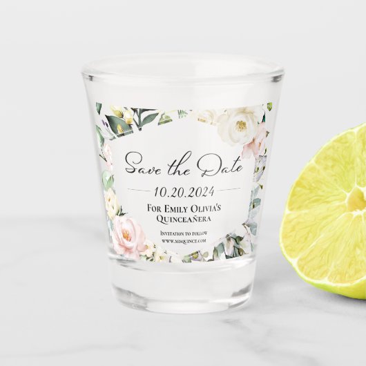 バタフライフローラフレームキンセアニェラ日付の保存 ショットグラス (正面)