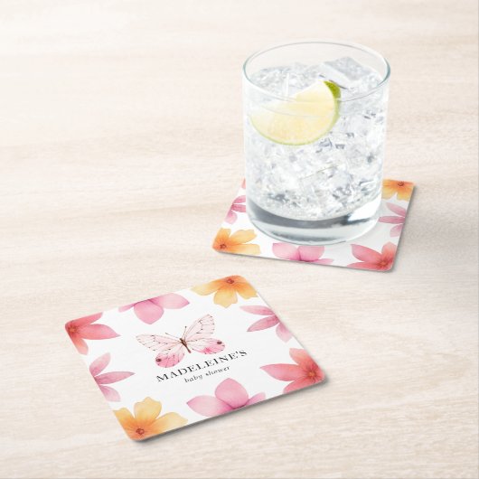 バタフライフローラベビーシャワーパーソナライズされた スクエアペーパーコースター (インサイチュ)