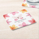 バタフライフローラベビーシャワーパーソナライズされた スクエアペーパーコースター (アングル)