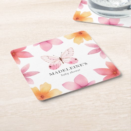 バタフライフローラベビーシャワーパーソナライズされた スクエアペーパーコースター (アングル)