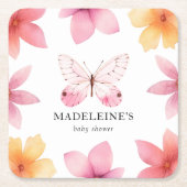 バタフライフローラベビーシャワーパーソナライズされた スクエアペーパーコースター (正面)