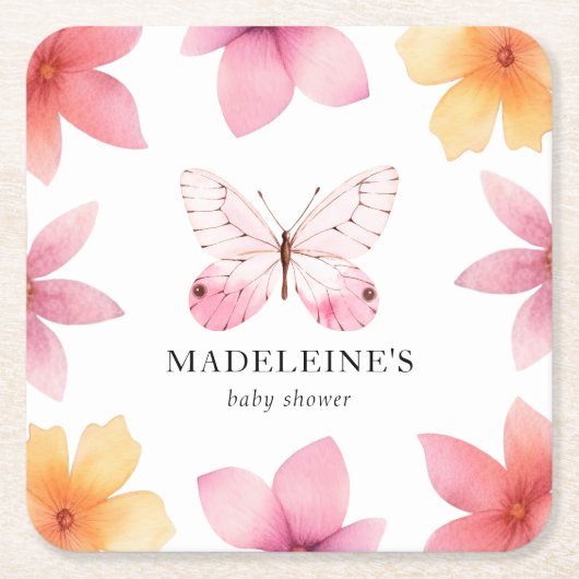バタフライフローラベビーシャワーパーソナライズされた スクエアペーパーコースター (正面)