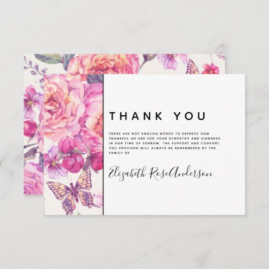 バタフライフローラモダン悔やみや弔慰葬儀 サンキューカード (正面/裏面)