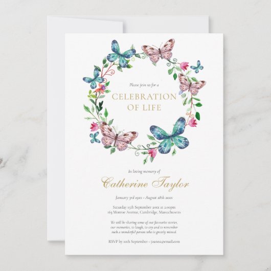 バタフライフローラライフ葬儀の写真お祝い 招待状 (正面)