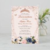 バタフライフローラルティアラブラッシュピンクネイビーキンセアネラ 箔招待状 (立ち正面)