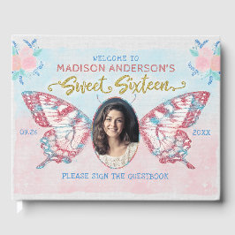 バタフライフローラ写真甘い16誕生日パーティー ゲストブック