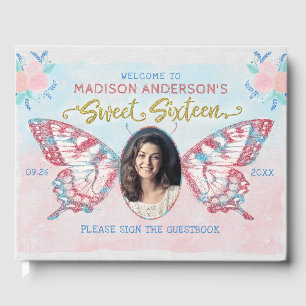バタフライフローラ写真甘い16誕生日パーティー ゲストブック