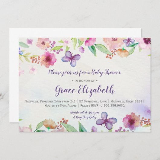 バタフライフローラ水彩ベビーシャワー招待状 招待状 (正面/裏面)