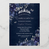 バタフライフローラ王室のネイビーキンセアニェラ 箔招待状 (正面)