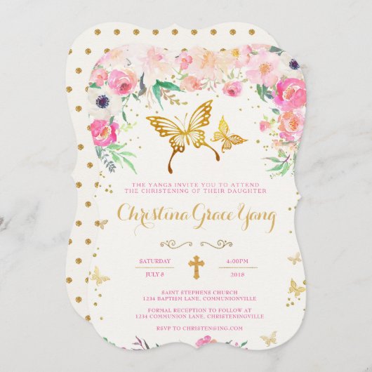 バタフライフローラ《キリスト教》洗礼式や命名式招待状 招待状 (正面/裏面)