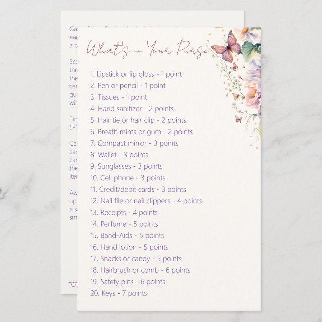 バタフライブライダルシャワーあなたの財布ゲームの中にあるものを (正面/裏面)