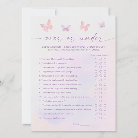 バタフライブライダルシャワーのゲームカードの上または下 招待状 (正面)