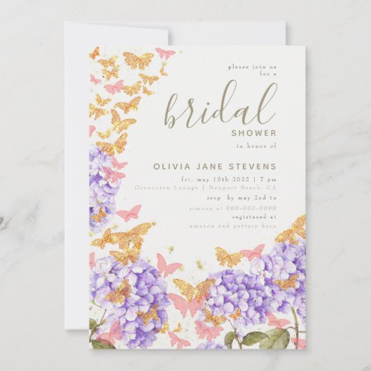 バタフライブライダルシャワーアジサイ金ゴールド 招待状 (正面)