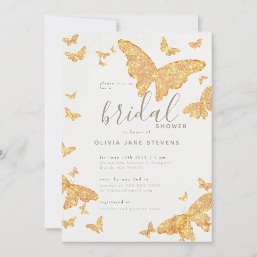 バタフライブライダルシャワーエレガント金ゴールドクラシック 招待状 (正面)