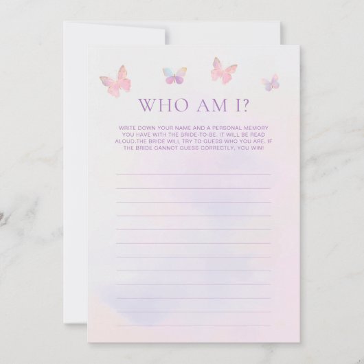 バタフライブライダルシャワー推測Whoゲームカード 招待状 (正面)