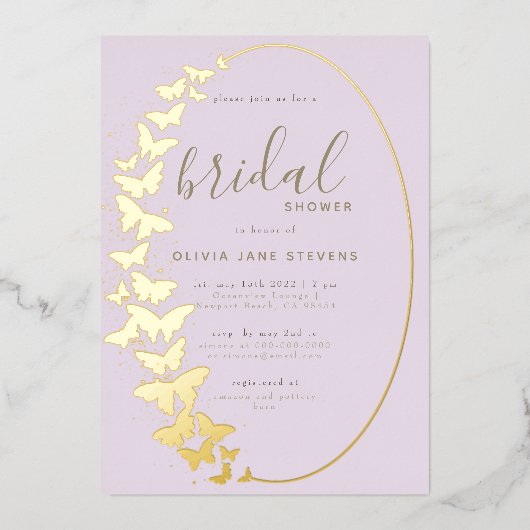 バタフライブライダルシャワー薄紫エレガント金ゴールドボホ 箔招待状 (正面)