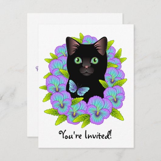 バタフライブラックキャットかわいいガーリー誕生日招待状 招待状 (正面/裏面)