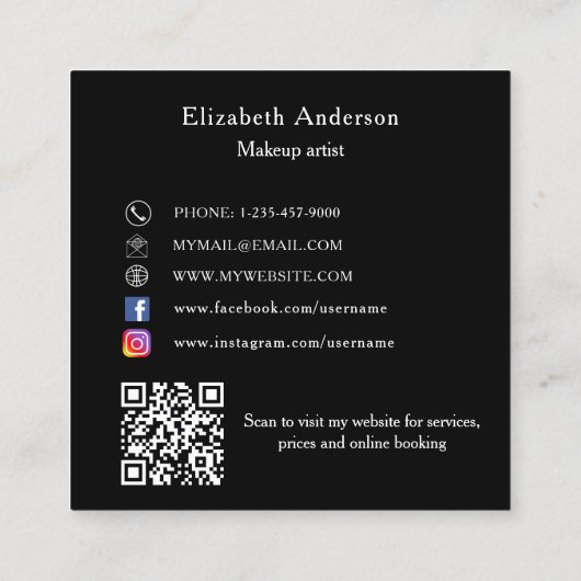 バタフライブラックシルバーQRコードエレガントスクリプト スクエア名刺 (裏面)