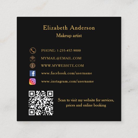 バタフライブラック金ゴールドQRコードエレガントスクリプト スクエア名刺 (裏面)