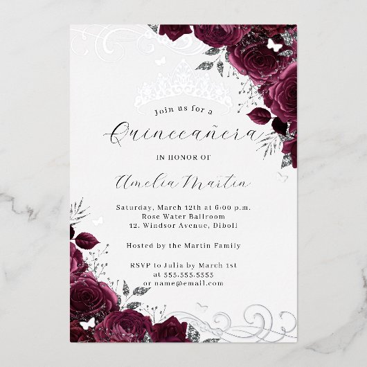 バタフライブルガンディシルバーフローラキンセアニェラ 箔招待状 (正面)