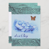 バタフライブルーボーイ赤ちゃんシャワー付きスリング子供 招待状 (正面/裏面)